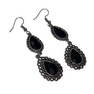 Vintage Style Black Stone Silver Dangle Earrings